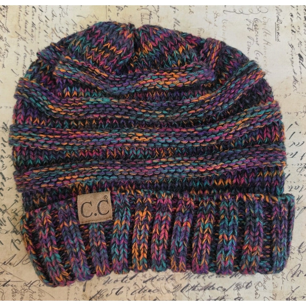 C.C. Brand Beanie Hat Women's One Size Colorful, Ribbed, Logo